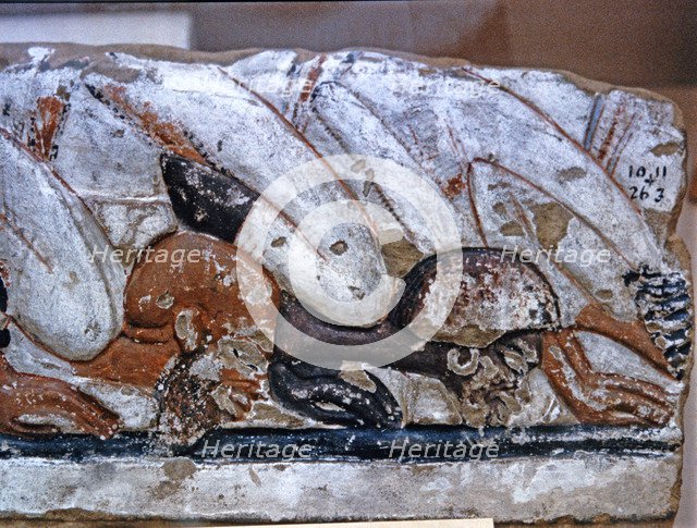 Foreign delegates fell at the feet of Akhenaten, detail of a painted stoneware.