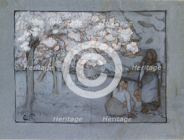Compositional study of two female peasants conversing in an orchard, c1894. Artist: Camille Pissarro.