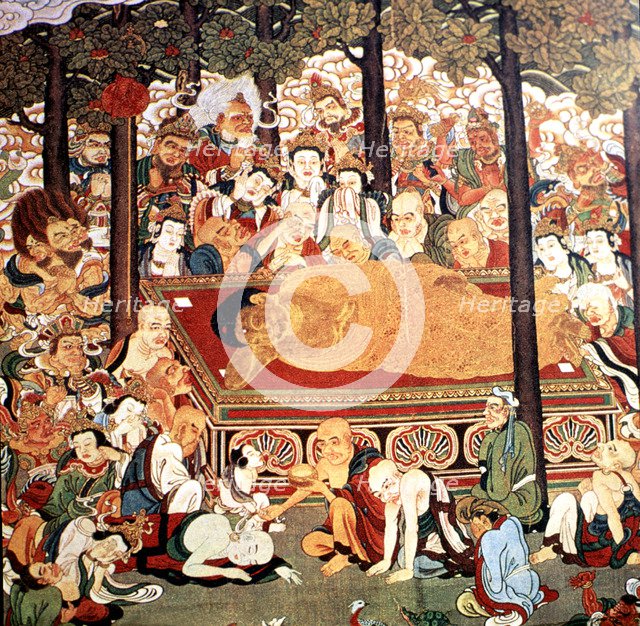 Buddha on his deathbed surrounded by his disciples and animals expressing their pain. Painting, c…