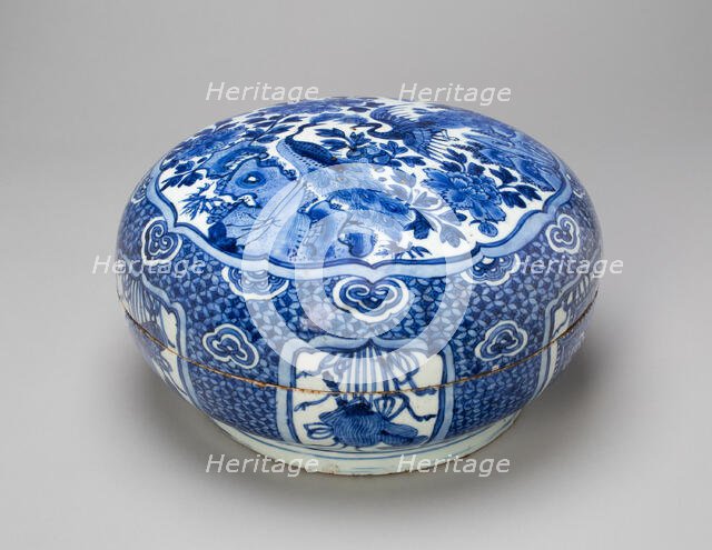 Circular Box with Peacocks, Peonies, and Auspicious Motifs, Ming dynasty, Wanli period (1573-1620). Creator: Unknown.