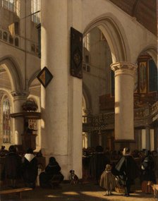 Interior of a Protestant, Gothic Church during a Service, 1669. Creator: Emanuel de Witte.