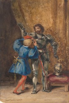 Goetz von Berlichingen Being Dressed in Armor by His Page George, 1826-27. Creator: Eugene Delacroix.