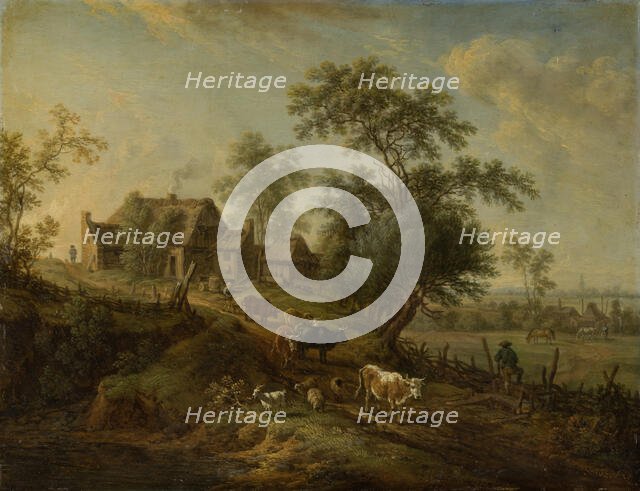 Landscape with Farm Animals on a Road, 18th century. Creator: Christian Georg Schutz.