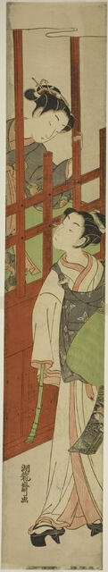 Courtesan Looks Down at Youth Dressed as Mendicant Monk, c. early 1770s. Creator: Isoda Koryusai.