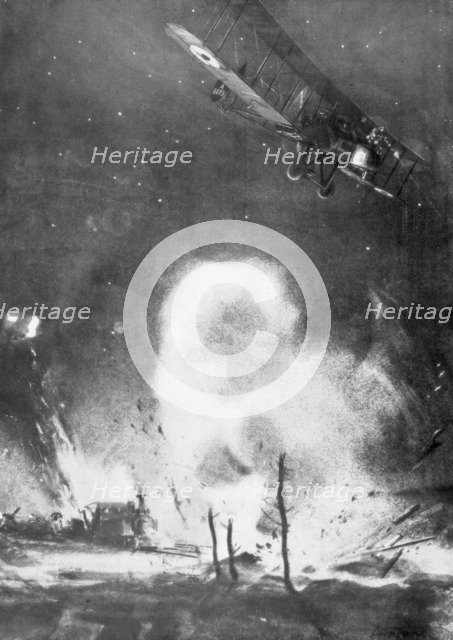 British air bombardment over the German lines, World War I, 1914-1918 (1926). Artist: Joseph Simpson
