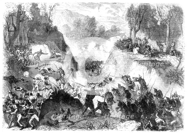 Spanish troops fighting the people of Santo Domingo, in the pass of Monte Christi, 1864. Artist: Unknown