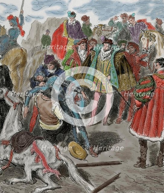 The Don in sorry shape after his defeat by the Knight of the White Moon..., late 19th century.  Creator: Héliodore Joseph Pisan.