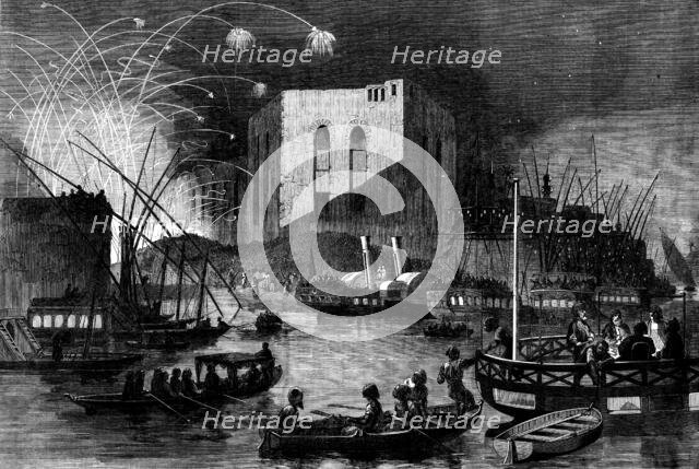 A night scene on the Nile near the mouth of the Cairo canal, during the festival of Gebr..., 1862. Creator: Unknown.