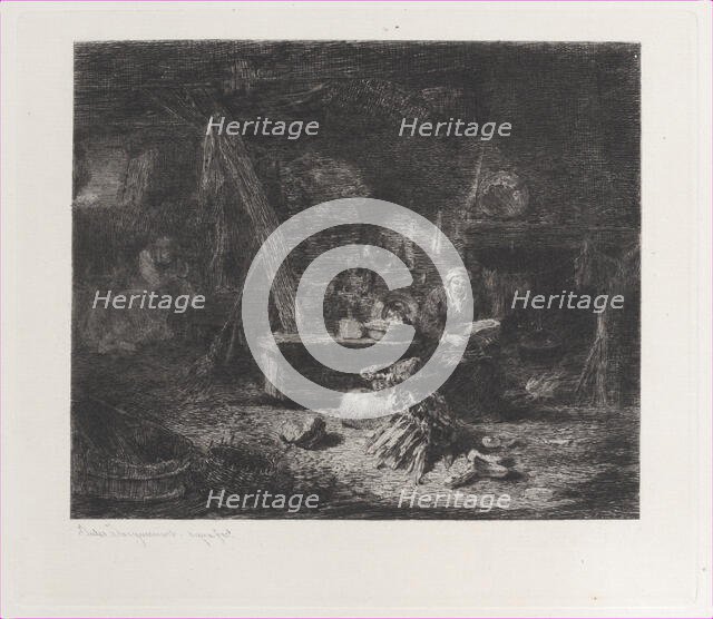 Interior of a Dutch Kitchen, after Willem Kalf, 1871. Creator: Jules-Ferdinand Jacquemart.