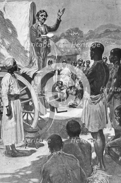 Scottish explorer and missionary David Livingstone preaching from a wagon, Africa, 19th century. Artist: Unknown