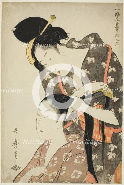 Hairdresser, from the series "Twelve Types of Women's Handicraft (Fujin tewaza..., Japan, c1798/99. Creator: Kitagawa Utamaro.