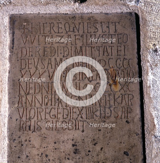 Witiza. (708-710?). Visigoth king, tombstone, of 890, found next to a sarcophagus and to several …