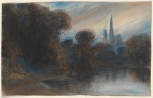 An Abbey by a Wooded Lake at Twilight, c. 1831. Creator: Paul Huet.