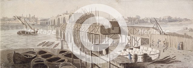 Construction of Blackfriars Bridge, c1762. Artist: Francis Grose