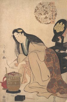 Lady Arranging Binsashi (Support for the Hair over the Temples) to put in Her Hair, ca..., ca. 1808. Creator: Torii Kiyomine.