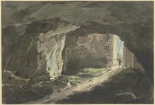 A painter walks with his drawing board into a rock cave that can be closed off by a massive gate. Creator: Jean Grandjean.