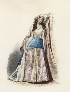 Greek young woman, color engraving, 1870.