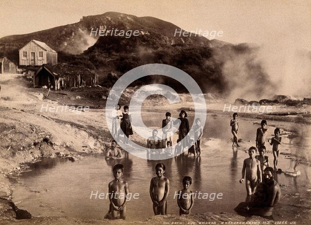Whakarewrewa, New Zealand: a group of Maori people, thermal baths,..., c1880s. Creator: Unknown.