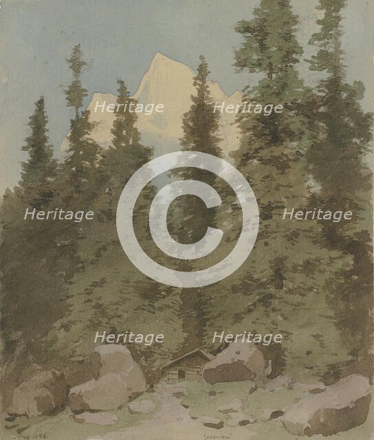 Hut surrounded by trees near the Rosenlaui Glacier, 1856. Creator: Carl Theodor Reiffenstein.