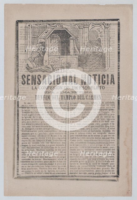 News story about the sighting of a skeleton inside a church, a man lies on the floor..., 1903. Creator: José Guadalupe Posada.