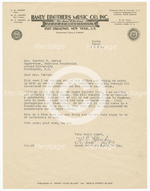 Letter to Dorothy Porter from W.C. Handy, March 1, 1939. Creator: WC Handy.