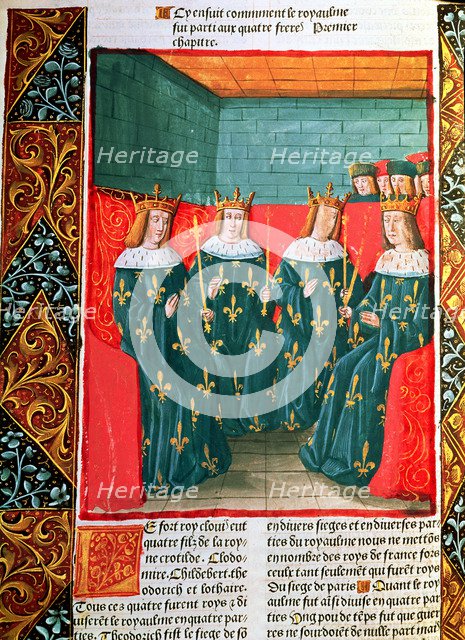 Distribution of the kingdom of the Franks among the four sons of King Clovis I (465-511): Clodomi…