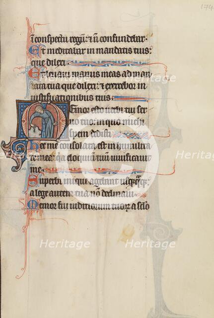 Initial M: A Man Touching a Rock and Pointing; Bute Psalter, text and illumination about 1285. Creator: Bute Master.