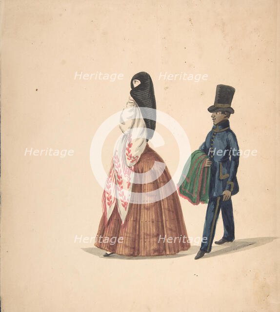 A Woman, Followed by Her Servant, 1840-50. Creator: Anon.