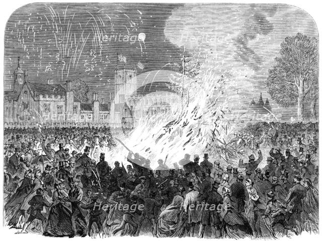 Visit of the Prince and Princess of Wales to Melford Hall, Suffolk: the bonfire on the Green, 1865. Creator: Unknown.