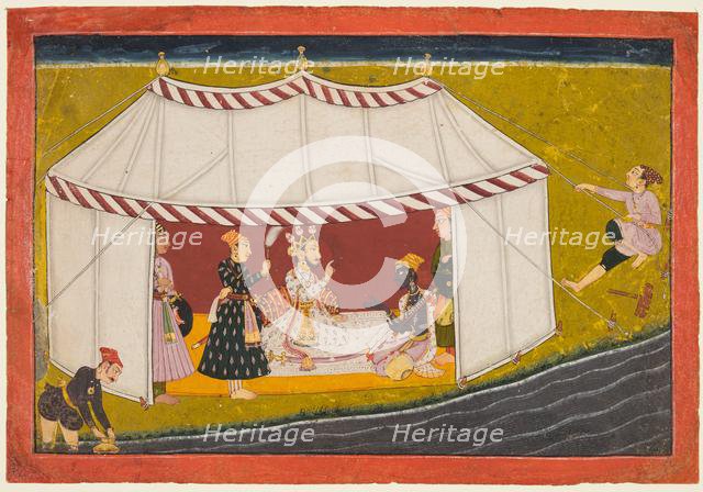 Madhava in a tent before a ruler, from a Madhavanala Kamakandala series, c. 1700. Creator: Unknown.