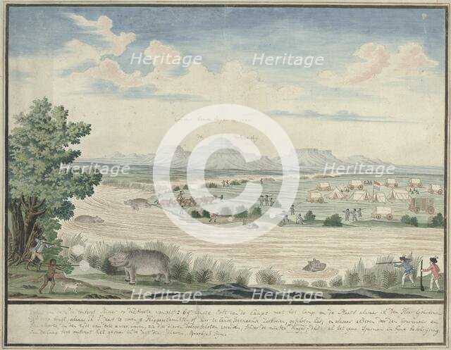 Hippopotamus hunt at the Seekoei River, 1778. Creator: Robert Jacob Gordon.