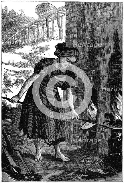 Young girl tending the fire holes of a brick kiln, 1871. Artist: Unknown