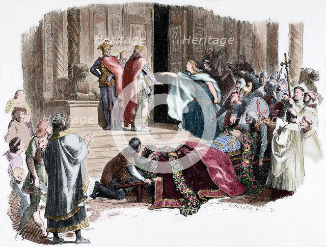 Kriemhild requiring the proof of the coffin, Nibelungenlied, Anonymous epic poem, 13th cent., (1882) Creator: Adolf Closs.