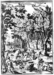 North American Huron Indians hunting and preparing food in woodland, 1686. Artist: Unknown