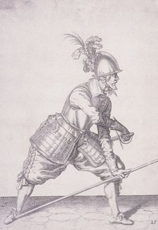 Figure in military clothing holding a pike in one hand and a sword in the other, 1607. Artist: Anon