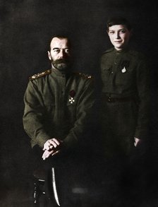 Nicholas II, Tsar of Russia and his son, Alexei, in military uniform, 1915. Artist: Unknown.
