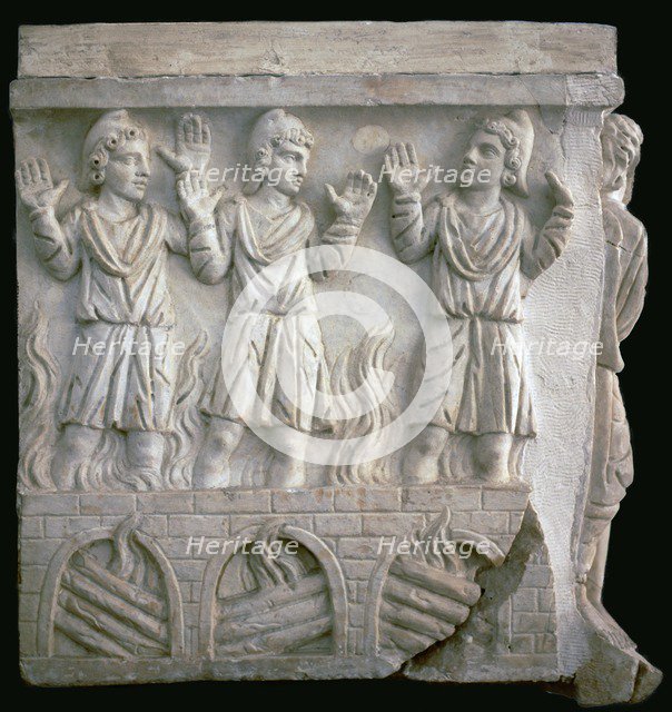 Depiction of Shadrach, Meshach, and Abednego in the fiery furnace. Artist: Unknown