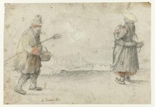 Studies of a Man and a Woman Standing on the Bank of a Frozen River, with a Town..., c.1610-c.1615. Creator: Hendrick Avercamp.