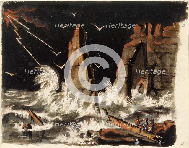 Stormy seascape with shipwrecks, steep rock formation in the middle, 1850-1855. Creator: Karl Anders Ekman.