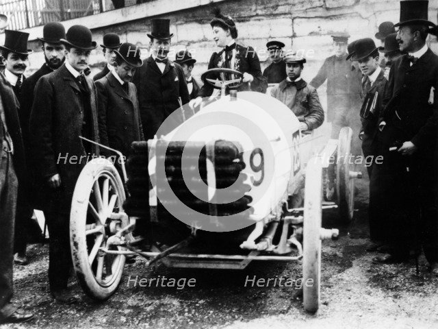 Madame du Gaste at the wheel of a De Dietrich, Paris to Madrid Race, 1903. Artist: Unknown
