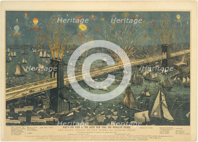 Bird's-Eye View of the Great New York and Brooklyn Bridge, and Grand Display of Fireworks ..., 1883. Creator: Unknown.
