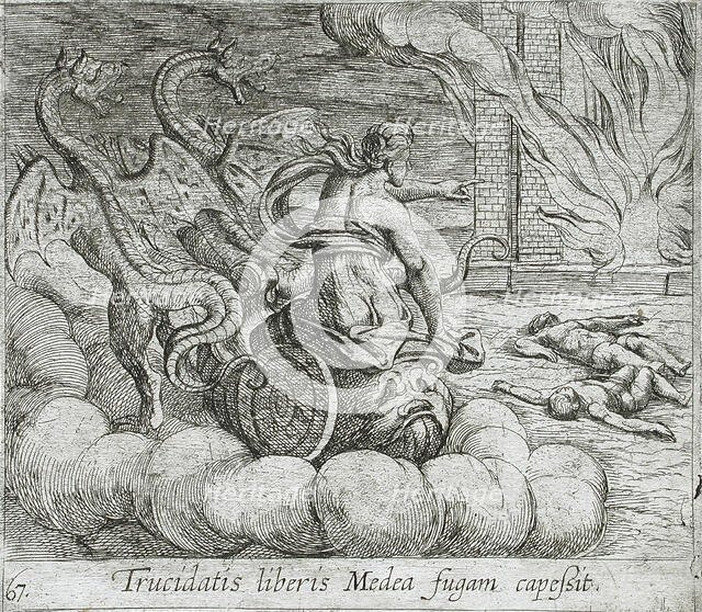 Medea Destroying Jason's Family and Home, published 1606. Creators: Antonio Tempesta, Wilhelm Janson.