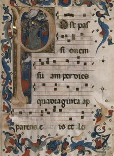 Folio from an Antiphonary with Initial P Containing 'The Ascension of Christ', c1365. Creator: Niccolo di Giacomo da Bologna.