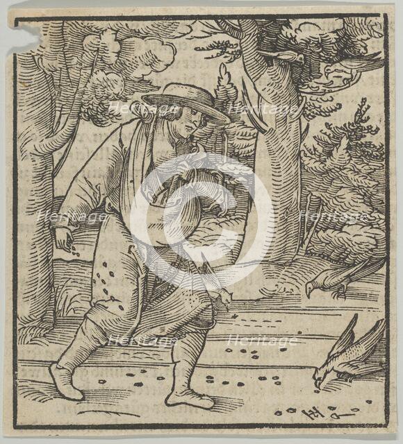 The Birds Eating the Seeds of the Sower, from Hymmelwagen auff dem, wer wol lebt..., 1517. Creator: Hans Schäufelein the Elder.