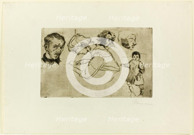 Sketches of Four Heads and a Child, 1907. Creator: Umberto Boccioni.