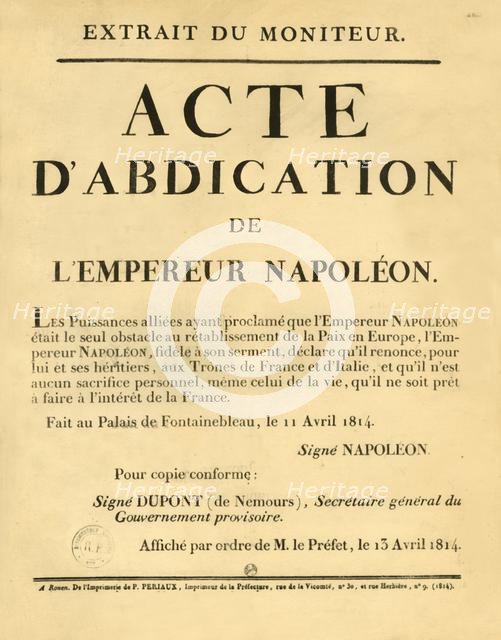 Notice announcing the Emperor Napoleon's abdication, 11 April 1813, (1921).  Creator: Unknown.