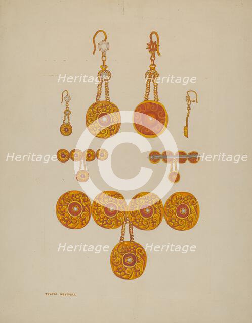 Earrings and Brooch, c. 1937. Creator: Tulita Westfall.