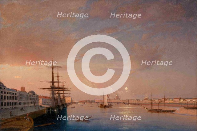 View of the Blagoveshchensky (Annunciation) Bridge and Nikolaevskaya Embankment, ca 1852. Artist: Vorobyev, Maxim Nikiphorovich (1787-1855)