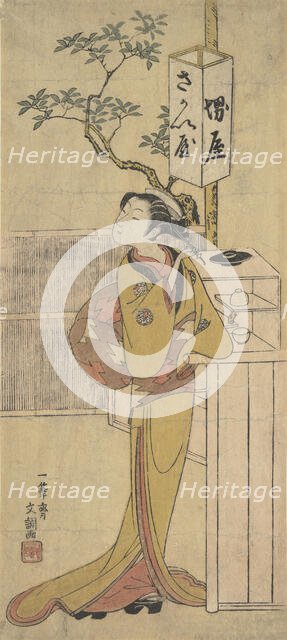 A Waitress of the Sakai-ya Teahouse Standing and Looking, ca. 1770. Creator: Ippitsusai Buncho.