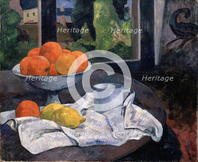 Still life with fruit bowl and lemons, c. 1890. Creator: Gauguin, Paul Eugéne Henri (1848-1903).